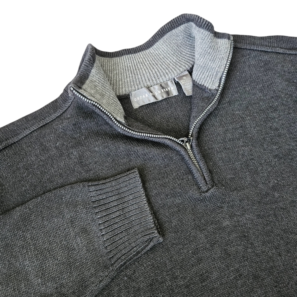 Oscar De La Renta Mens Dark Gray Mock Neck 1/4 Zip Pullover Knit Sweater Size XL